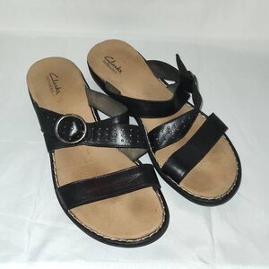 Clarks Bendables Women's Leather Slide Sandals Black w Adjustable Strap & Buckle